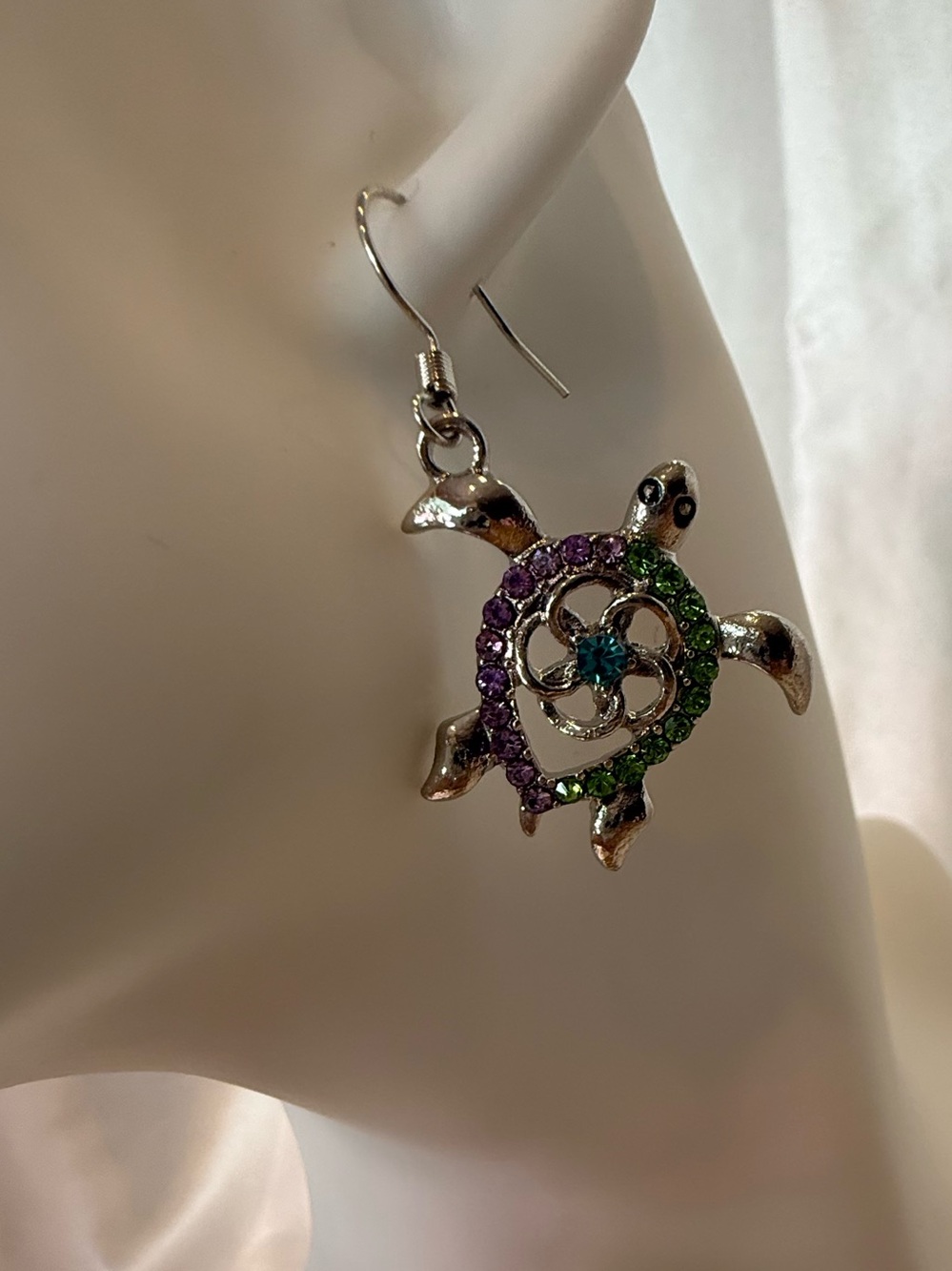 Silver Sea Turtle Drop Earrings with Purple, & Green Stones Beachy Vacation